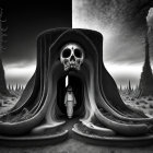 Monochrome surreal landscape with skull-shaped cave entrance