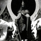 Monochrome fantasy illustration with warrior, cloaked figures, and horned moon.