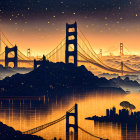 Stylized Golden Gate Bridge with silhouetted figures against starry sky