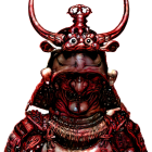 Sinister figure in red armor with glowing eyes and horns