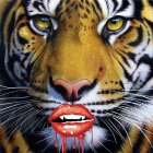 Detailed image of fierce tiger with blue eyes, sharp fangs, and fiery mane