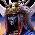 Blue-skinned figure with golden bull-horn headdress in twilight sky