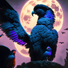 Fantasy illustration of lion-like creatures with eagle wings under full moon