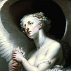 Ethereal figure with angelic wings holding a bird in dark tones