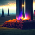 Mystical landscape with glowing portal and pillars