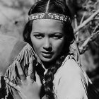 Monochrome image of person with fantasy makeup and horned headdress