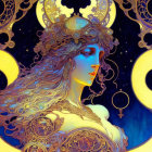 Ethereal female figures with ornate headdresses in cosmic setting