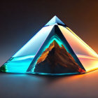 Vibrant Blue and Orange Crystal Pyramid with Reflective Surface