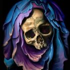 Detailed Golden Skull with Ethereal Wisps, Roses, Cosmic Background