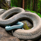 Coiled snake on rock amidst lush green foliage