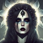 Digital art portrait of woman with cat-like features, dark makeup, glowing halo, night-themed aura