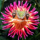 Colorful fantastical creatures with orange skin and pink plumes in lush natural setting