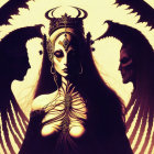 Fantasy-themed illustration with central female figure and winged profiles