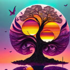 Colorful digital artwork: Stylized tree, swirling branches, sunset backdrop, birds, gradient sky