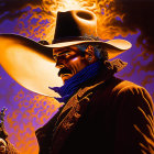 Stylized digital artwork of rugged cowboy in western attire at sunset