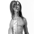 Surreal black and white image of person with distorted, elongated head