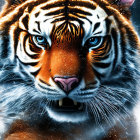 Intense close-up of snarling tiger in orange and black stripes on icy blue background