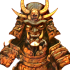 Dark Armored Figure with Glowing Orange Horns in Fiery Shadows