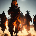 Futuristic soldiers in heavy armor and glowing visors on ember-filled battleground