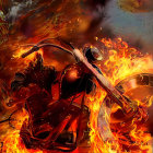 Menacing figure in skull helmet rides fiery motorcycle.
