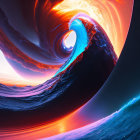 Vivid surreal cosmic landscape with ocean wave and planet