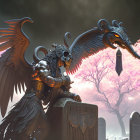 Fantasy warrior with wings and helmet on fierce creature in fiery battlefield.