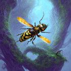 Mechanical bee with jet propulsion in misty, vine-covered setting