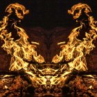 Fiery dragons in intricate flame patterns on dark backdrop