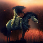 Skull-faced figure on skeletal horse in eerie sunset landscape