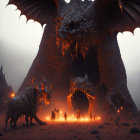 Menacing dragon with glowing eyes at fiery portal in hellish landscape