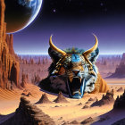 Lion with horns in desert landscape under alien sky