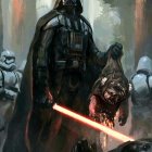 Futuristic Darth Vader with red lightsaber and smaller figure in image