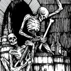 Monochrome artistic illustration of skeleton-adorned figures symbolizing death and the macabre