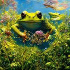 Colorful Frog Illustration with Exaggerated Eyes in Underwater Scene