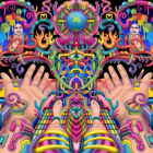 Symmetrical digital artwork with bunny-like figures and colorful abstract shapes