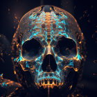 Luminous blue and gold skull with geometric patterns on dark background