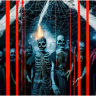 Skull and ghoulish figures mural with red and white stripes