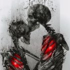 Skeletal figure with glowing red eyes in dark, smoky setting