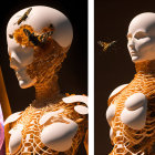 Surreal artwork: Glossy humanoid figures with skull heads, butterfly and bee motifs