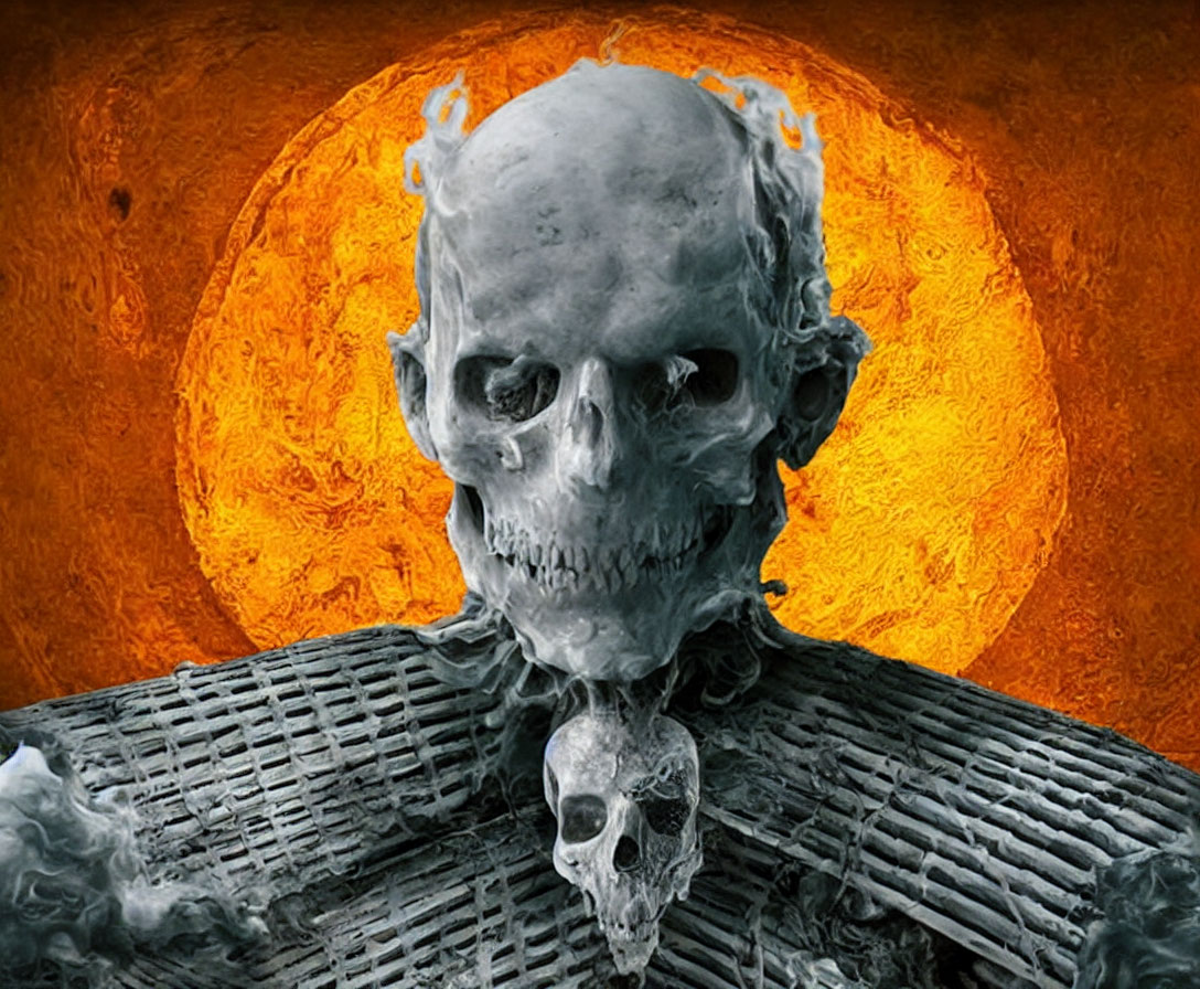 Menacing skull with eerie glow against fiery orange backdrop.