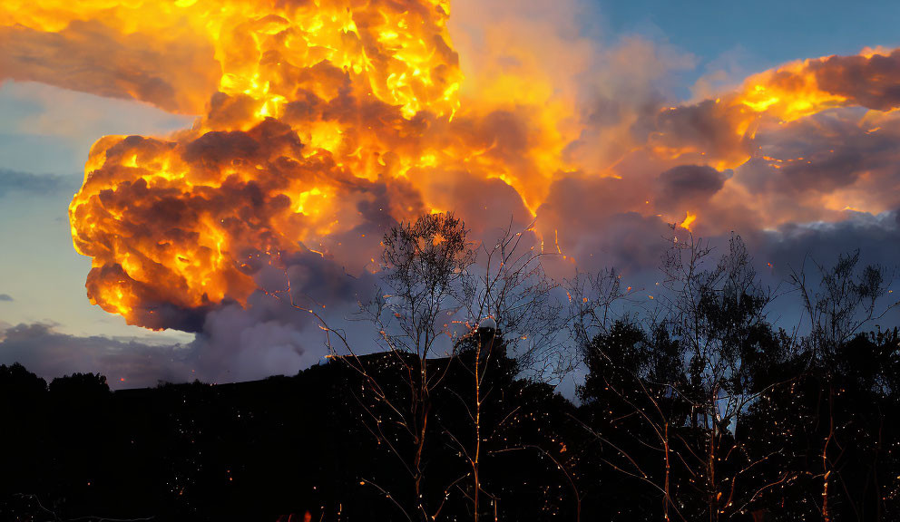 Intense fiery explosion over silhouetted trees at dusk