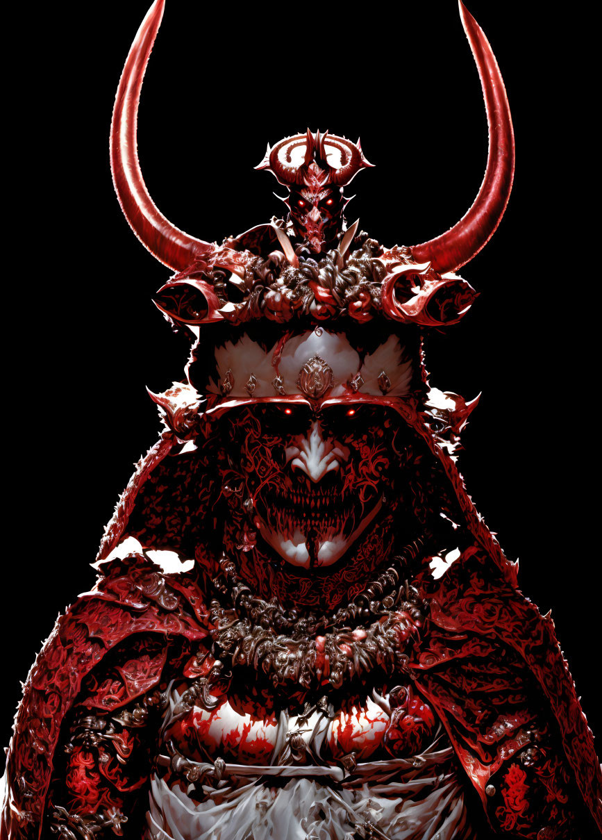 Sinister figure in red armor with glowing eyes and horns