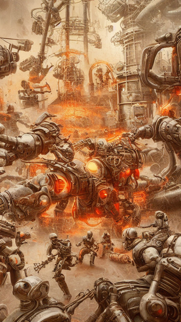 Futuristic soldiers battle large robots in fiery industrial setting