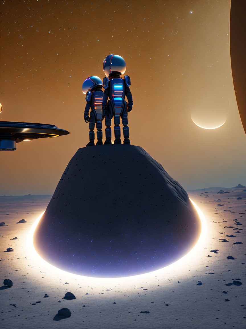 Astronauts on alien planet with glowing rock formation and solar eclipse.