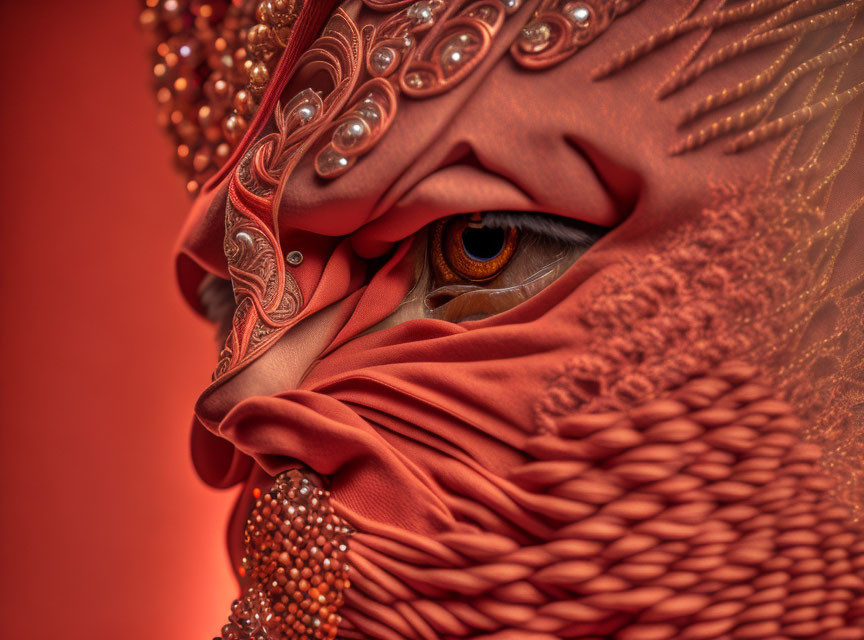 Detailed close-up of person's eye behind ornate red mask with intricate beadwork and patterns on red