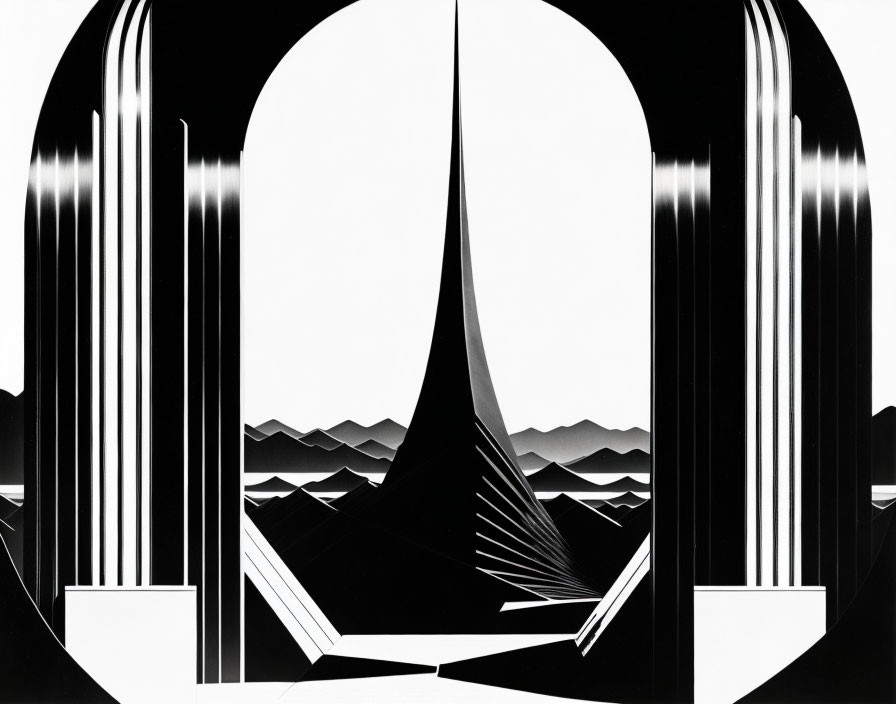 Monochrome geometric art deco illustration with arches and mountain-like shapes