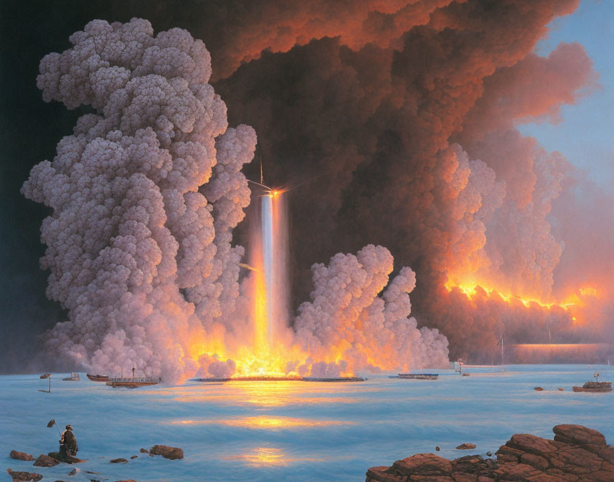 Nighttime volcanic eruption with fiery lava, billowing smoke, and nearby boats.