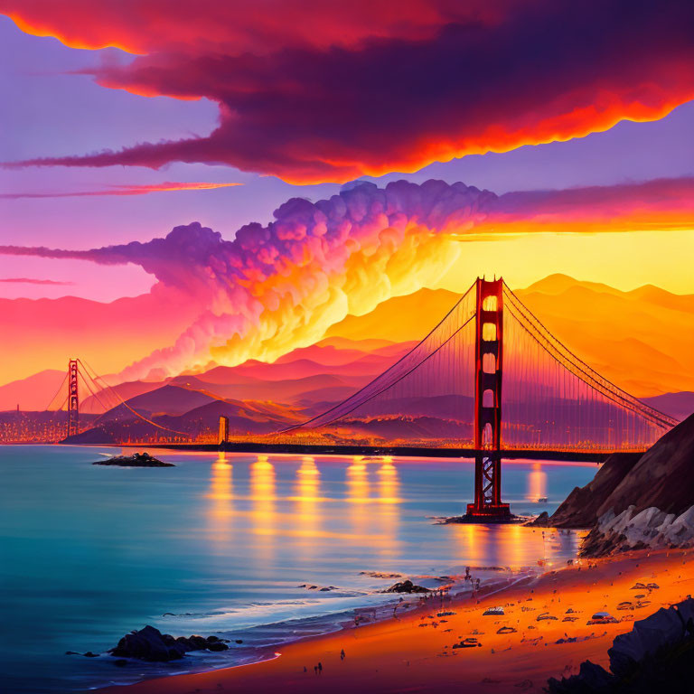 Fiery Sunset Sky Over Golden Gate Bridge & Silhouettes on Shore