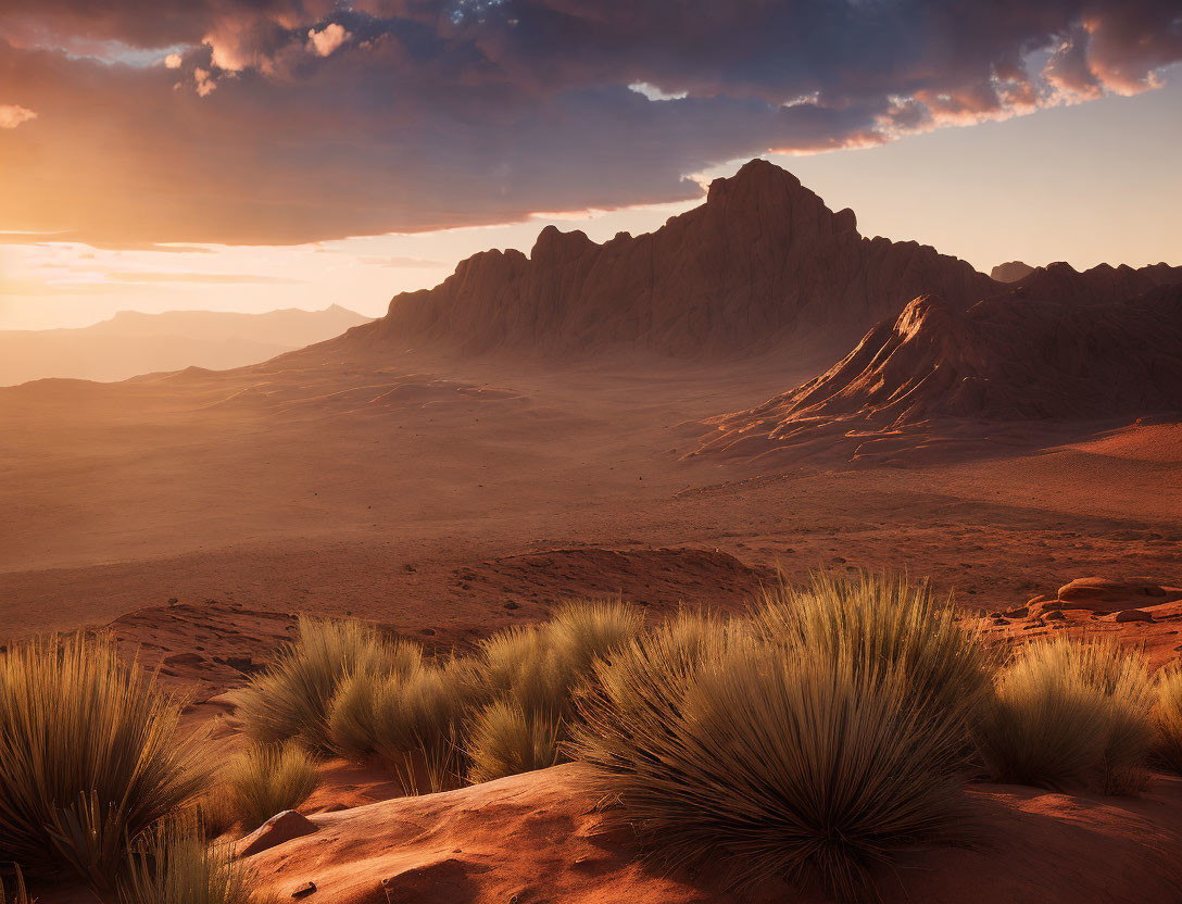 Scenic desert landscape with rugged mountains under golden sunlight