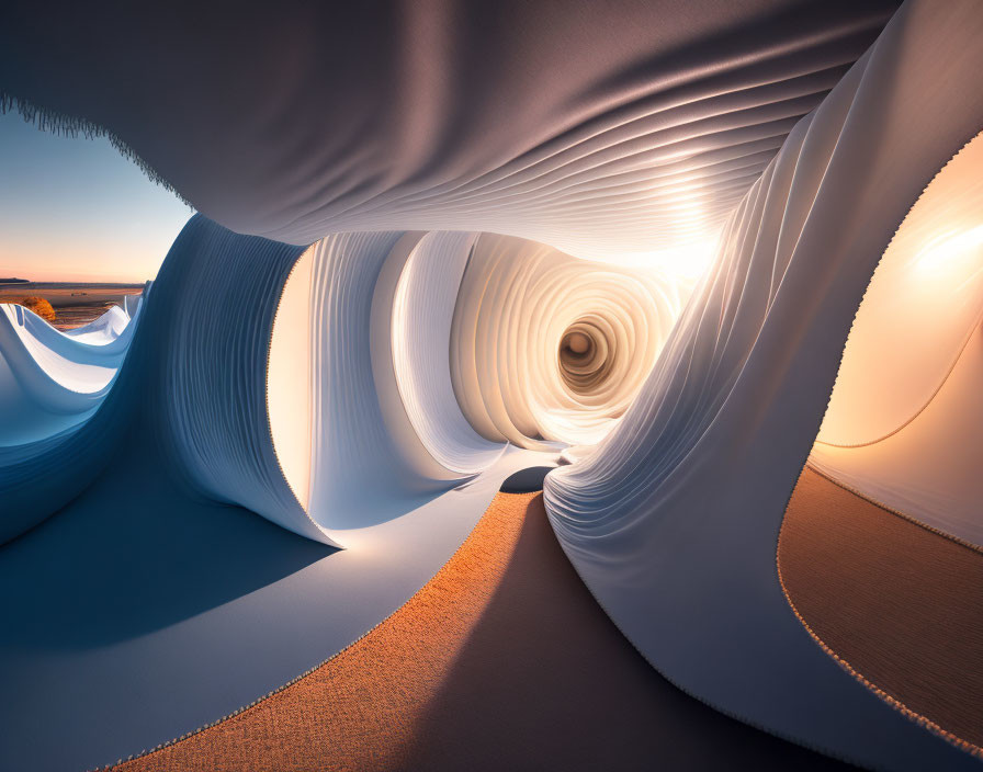 Surreal desert landscape with swirling vortex under clear sky